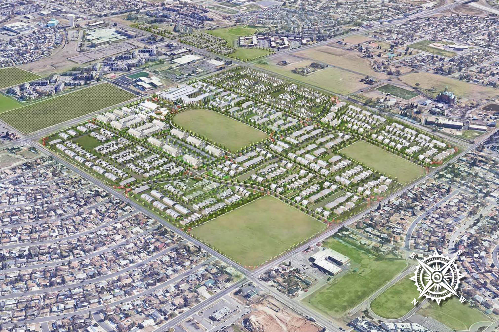 aerial view of Uplands with compass